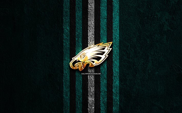 Philadelphia Eagles golden logo, 4k, blue stone background, NFL, american football team, Philadelphia Eagles logo, american football, Philadelphia Eagles