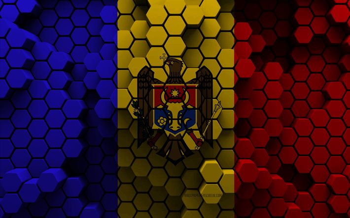 4k, bandera de moldavia, fondo hexagonal 3d, bandera 3d de moldavia, día de moldavia, textura hexagonal 3d, símbolos nacionales de moldavia, moldavia, bandera de moldavia 3d, países africanos