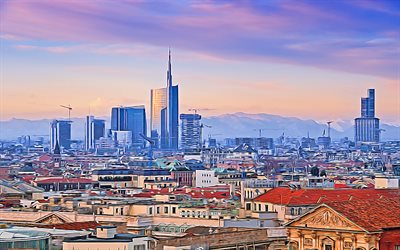 milano, 4k, vektorkonst, stadsbildens skyline, röd solnedgång, italienska städer, abstrakta stadsbilder, lombardiet, italien, europa, kreativ, milanos stadsbild