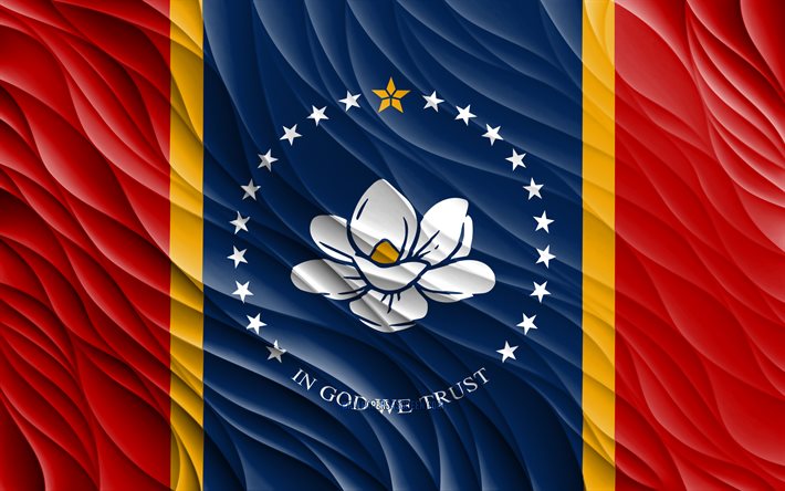 4k, la bandera de misisipi, las banderas onduladas en 3d, los estados americanos, el día de misisipi, las ondas 3d, los estados unidos, el estado de misisipí, los estados de américa, misisipi