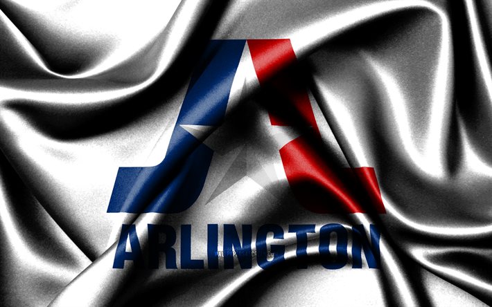 アーリントンの旗, 4k, アメリカの都市, 布旗, アーリントンの日, 波状の絹の旗, アメリカ合衆国, テキサスの都市, 米国の都市, テキサス州アーリントン, アーリントン