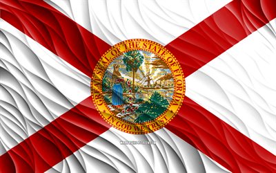 4k, علم فلوريدا, أعلام 3d متموجة, الولايات الأمريكية, يوم فلوريدا, موجات ثلاثية الأبعاد, الولايات المتحدة الأمريكية, ولاية فلوريدا, دول أمريكا, فلوريدا