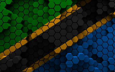 4k, drapeau de la tanzanie, 3d fond hexagonal, tanzanie 3d drapeau, jour de la tanzanie, 3d hexagone texture, tanzanie symboles nationaux, tanzanie, 3d drapeau de la tanzanie, pays africains