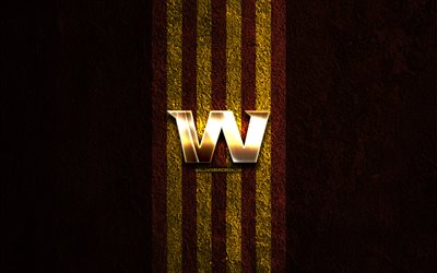 ワシントン フットボール チームの金色のロゴ, 4k, 茶色の石の背景, nfl, アメリカン フットボール チーム, ワシントン フットボール チームのロゴ, アメリカンフットボール, ワシントン フットボール チーム