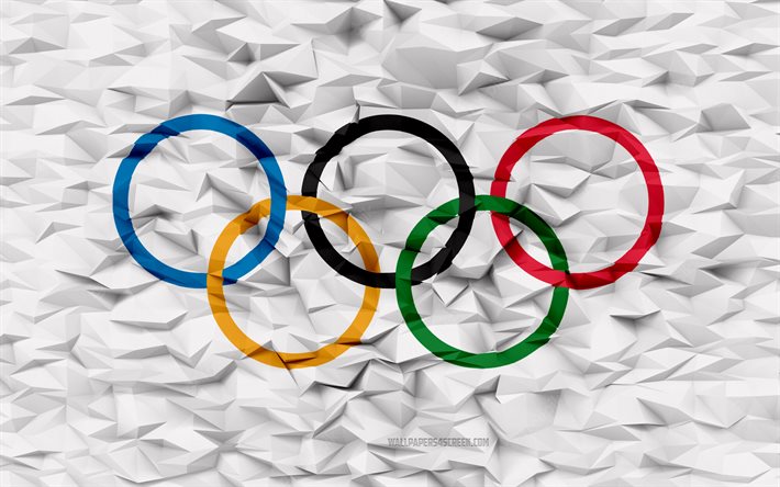 bandeira dos símbolos olímpicos, 4k, 3d polígono de fundo, símbolos olímpicos da bandeira, 3d textura do polígono, 3d símbolos olímpicos bandeira, organizações internacionais símbolos, arte 3d, símbolos olímpicos