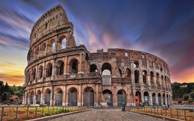 kolosseum, 4k, rom, amphitheater, abend, sonnenuntergang, kolosseum blick von der u-bahn, wahrzeichen roms, stadtbild roms, italien