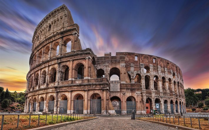 colosseum, 4k, rooma, amfiteatteri, ilta, auringonlasku, colosseum näkymä metrosta, rooman maamerkki, rooman kaupunkikuva, italia