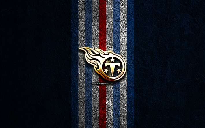 tennessee titans gyllene logotyp, 4k, blå stenbakgrund, nfl, amerikanskt fotbollslag, tennessee titans logotyp, amerikansk fotboll, tennessee titans