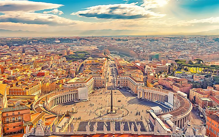 रोम, 4k, सेंट पीटर्स स्क्वायर, वेक्टर कला, क्षितिज शहर के दृश्य, इतालवी शहर, सार शहर के दृश्य, लाज़ियो, इटली, यूरोप, रचनात्मक, रोम सिटीस्केप