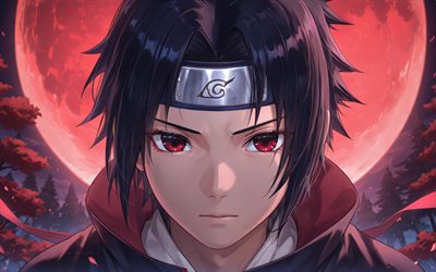 4k, sasuke uchiha, lua vermelha, naruto, noite, fechar se, personagens de naruto, quimono preto, obra de arte, konohagakurs uchiha clan, uchiha sasuke, mangá, sasuke uchiha naruto