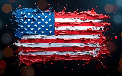 4k, USA flag, creative, black brickwall, paint art, american flag, paint splashes, flag of USA, US flag, artwork, USA national symbols, USA 3D flag, USA