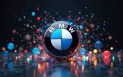 BMW 3D logo, 4k, bokeh, 3D geometric shapes, dark abstract background, artwork, BMW glass logo, geometric art, BMW logo, cars brands, BMW