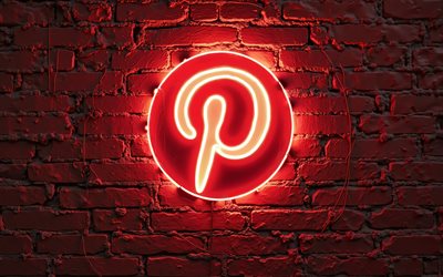 4k, logotipo de neón rojo de pinterest, creativo, fondo de muro de ladrillo rojo, oscuridad, redes sociales, logotipo de pinterest neon, cables, marcas, logotipo de pinterest, logotipo de pinterest 3d, pinterest