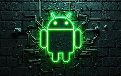 4k, logotipo de android green neon, oscuridad, bokeh, fondo de muro de ladrillo negro, marcas, creativo, logotipo de android neon, cables, logotipo del sistema operativo, tubería, logotipo de android, logotipo de android 3d, androide