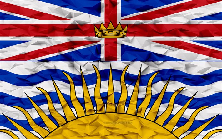 Flag of British Columbia, 4k, provinces of Canada, 3d polygon background, British Columbia flag, 3d polygon texture, Day of British Columbia, 3d British Columbia flag, Canadian national symbols, 3d art, British Columbia, Canada