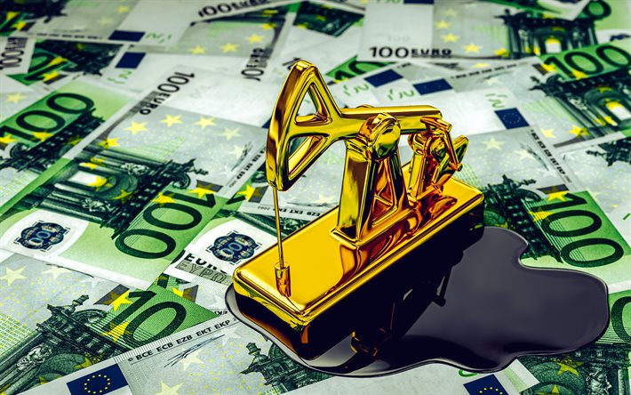 4k, oil production, oil sale, golden oil rig, oil price concepts, oil purchases, oil price, oil exchanges, business concepts, finance, oil in Europe, background with euro banknotes, oil puddle