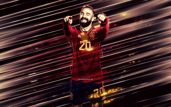 dani carvajal, espanjan jalkapallomaajoukkue, espanjalainen jalkapalloilija, luovaa taidetta, terät linjat art, espanja, punainen tausta, jalkapallo