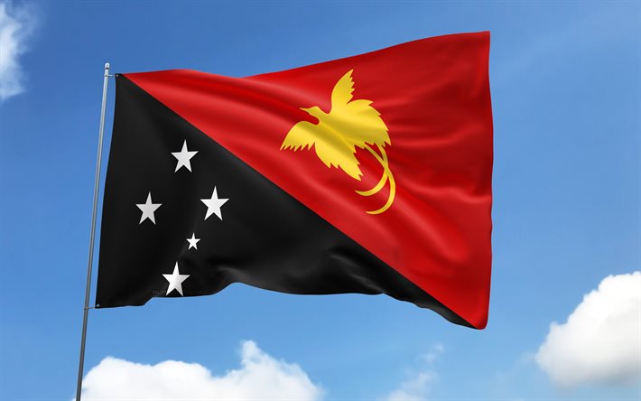 drapeau papouasie nouvelle guinée sur mât, 4k, pays océaniens, ciel bleu, drapeau de la papouasie nouvelle guinée, drapeaux de satin ondulés, drapeau papouasie nouvelle guinée, symboles nationaux de papouasie nouvelle guinée, mât avec des drapeaux, papouasie nouvelle guinée
