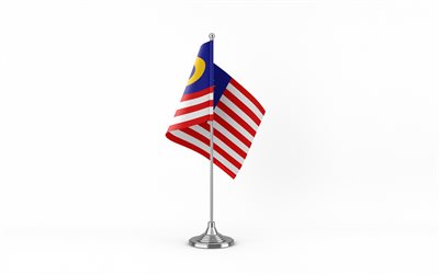 4k, Malaysia table flag, white background, Malaysia flag, table flag of Malaysia, Malaysia flag on metal stick, flag of Malaysia, national symbols, Malaysia