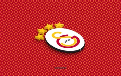 4k, isometrisches galatasaray logo, 3d kunst, türkischer fußballverein, isometrische kunst, galatasaray, roter hintergrund, superlig, truthahn, fußball, isometrisches emblem, galatasaray logo