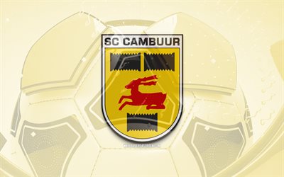 SC Cambuur glossy logo, 4K, yellow football background, Eredivisie, soccer, belgian football club, SC Cambuur 3D logo, SC Cambuur emblem, Cambuur FC, football, sports logo, SC Cambuur logo, SC Cambuur