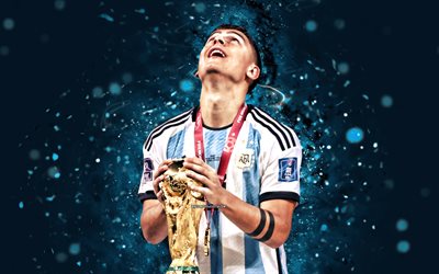 4K, Paulo Dybala, Qatar 2022, blue neon lights, Argentina National Football Team, soccer, footballers, blue abstract background, Paulo Dybala with cup, Argentinean football team, Paulo Dybala 4K
