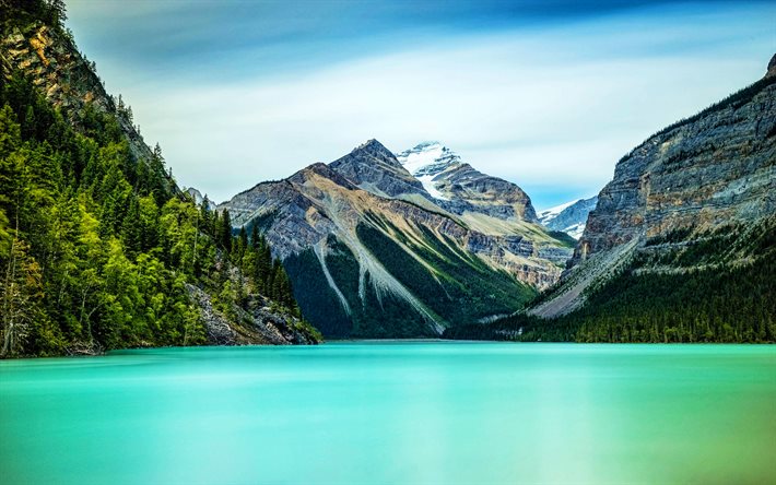 lago kinney, verano, montañas, hitos canadienses, parque provincial monte robson, hermosa naturaleza, columbia británica, hdr, canadá