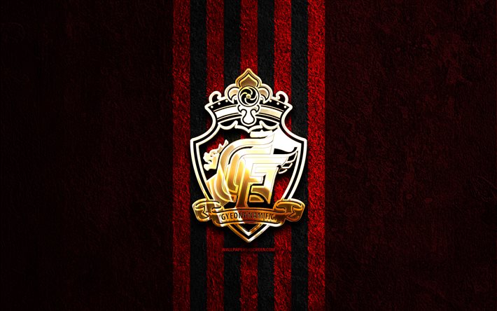 logo doré du gyeongnam fc, 4k, fond de pierre rouge, ligue k 2, club de football sud coréen, logo du gyeongnam fc, football, emblème du gyeongnam fc, gyeongnam fc, fc gyeongnam