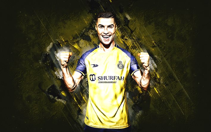Cristiano Ronaldo, Al Nassr FC, Portuguese Footballer, CR7, Yellow Stone Background, Football, Al Nassr, Al Nassr Football Club, Saudi Arabia