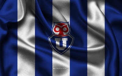 4k, Club Universidad de Chile, blue white silk fabric, Chilean football team, Club Universidad de Chile emblem, Chilean Primera Division, Campeonato Nacional, Chile, football, Club Universidad de Chile flag