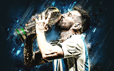 lionel messi, stella del calcio mondiale, nazionale di calcio dell'argentina, messi con la coppa del mondo, sfondo di pietra blu, qatar 2022, grande arte, calcio, argentina
