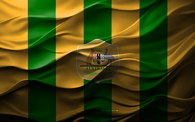 4k, logo de l'équipe nationale de football d'australie, fond 3d jaune vert, océanie, emblème de l'équipe nationale de football d'australie, drapeau de l'équipe nationale de football d'australie, textures 3d, équipe nationale australienne de football, football, australie