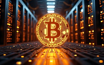 4k, Bitcoin golden neon logo, bokeh, blockchain, datacenter racks, artwork, Bitcoin logo, darkness, brands logo, Bitcoin neon logo, cryptocurrencies, Bitcoin, brands, Bitcoin golden logo