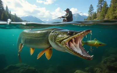 4k, luccio, traballante verde, pesci predatori, pesca, sott'acqua, pescatore su una barca, attrezzatura da pesca, pesca al luccio, pesca sul lago, estate, ricreazione, pesca estiva, concetti di pesca