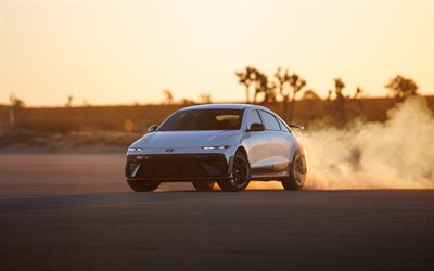 hyundai ioniq 6n, 4k, deriva, 2026 coches, atardecer, coches electricos, sintonización, hyundai ioniq 6 n azul, 2026 hyundai ioniq 6n, autos surcoreanos, hyundai