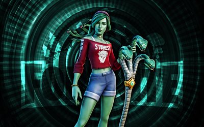 lyra fortnite, 4k, türkisfarbener spiralhintergrund, fortnite, kreativ, lyra haut, fortnite lyra skin, lyra, fortnite charaktere