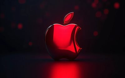 apple rotes metalllogo, 4k, bokeh, dunkelheit, kreativ, dunkelroter hintergrund, apple 3d logo, apple metalllogo, leuchtendes apple logo, apple logo, elektronikmarken, apfel