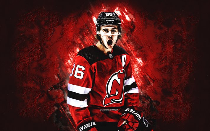 jack hughes, new jersey devils, porträt, nhl, roter steinhintergrund, amerikanischer hockeyspieler, usa, national hockey league