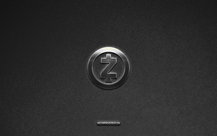 Zcash logo, cryptocurrency, gray stone background, Zcash emblem, cryptocurrency logos, Zcash, cryptocurrency signs, Zcash metal logo, stone texture