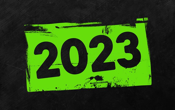 2023 Happy New Year, lime grunge digits, 4k, gray stone background, 2023 concepts, 2023 abstract digits, Happy New Year 2023, grunge art, 2023 lime background, 2023 year