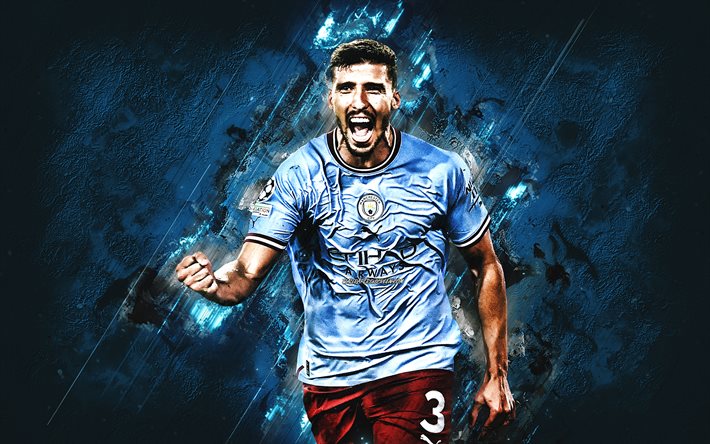 Ruben Dias, Manchester City FC, portrait, portuguese football player, defender, blue stone background, premier league, england, football, Manchester City