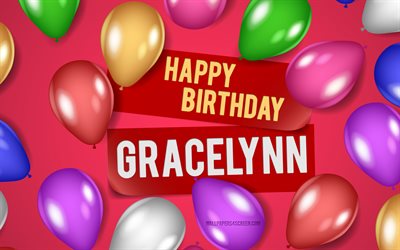 4k, グレイスリン・ハッピーバースデー, ピンクの背景, グレイスリンの誕生日, リアルな風船, 人気のあるアメリカの女性の名前, グレースリン名, グレースリンの名前の写真, グレイスリンお誕生日おめでとう, グレイスリン