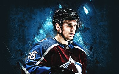 Mikko Rantanen, Colorado Avalanche, portrait, NHL, Finnish hockey player, blue stone background, hockey, USA, National Hockey League