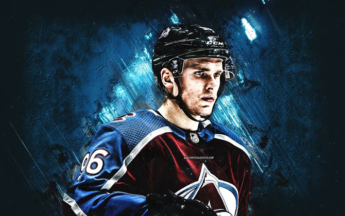 mikko rantanen, colorado avalanche, retrato, nhl, jugador de hockey finlandés, fondo de piedra azul, hockey, ee uu, liga nacional de hockey