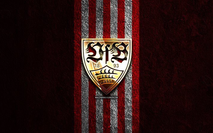 شعار vfb stuttgart الذهبي, 4k, الحجر الأحمر الخلفية, الدوري الالماني, نادي كرة القدم الألماني, شعار vfb stuttgart, كرة القدم, في إف بي شتوتغارت, شتوتجارت