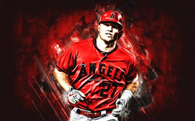 Mike Trout, Los Angeles Angels, American baseball player, Michael Nelson Trout, red stone background, baseball, Major League Baseball, USA