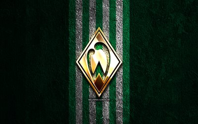 SV Werder Bremen golden logo, 4k, green stone background, Bundesliga, german football club, SV Werder Bremen logo, soccer, SV Werder Bremen emblem, SV Werder Bremen, football, Werder Bremen FC