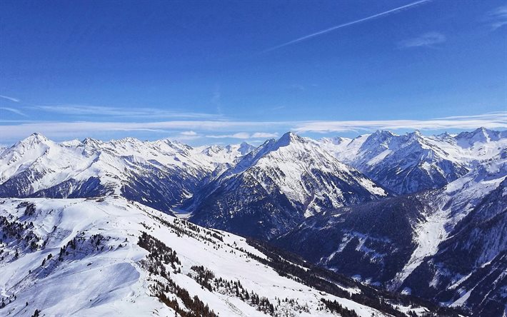 alpes, invierno, vista aérea, paisaje de montaña, mayrhofen, montañas nevadas, tirol, suiza