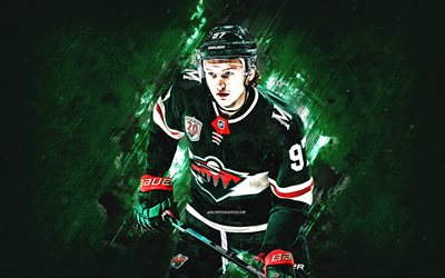 Kirill Kaprizov, Minnesota Wild, portrait, Russian hockey player, NHL, green stone background, hockey, National Hockey League, USA