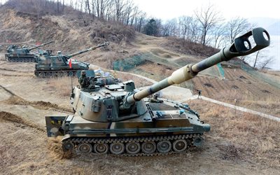 155-mm-haubitze mit eigenantrieb m109, artillerie, haubitze m109, marinekorps der republik korea, m109a2, rokmc, südkoreanische selbstfahrende haubitze mit turm